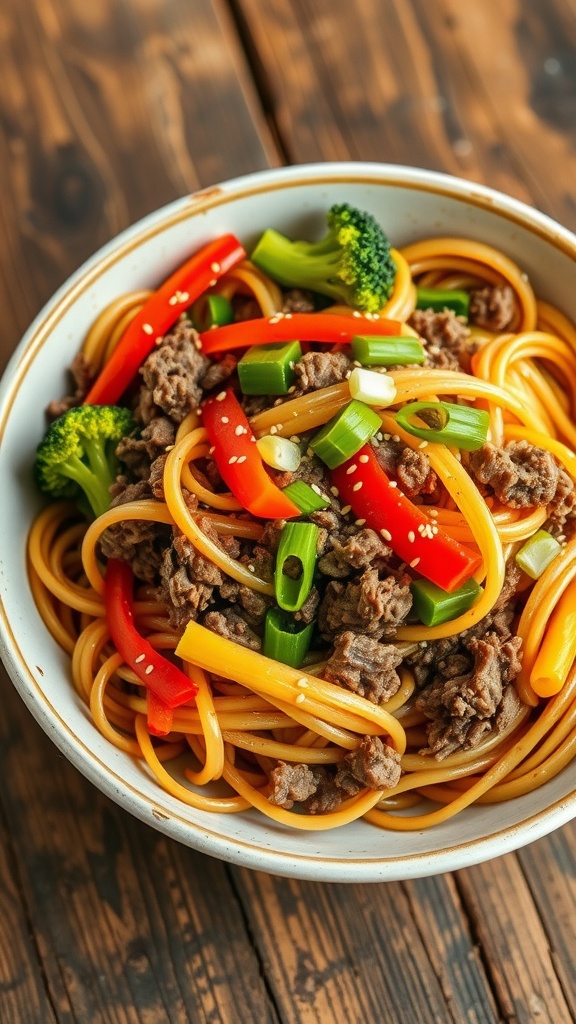 A colorful bowl of Mongolian ground beef noodles with bell peppers and broccoli, topped with green onions and sesame seeds.